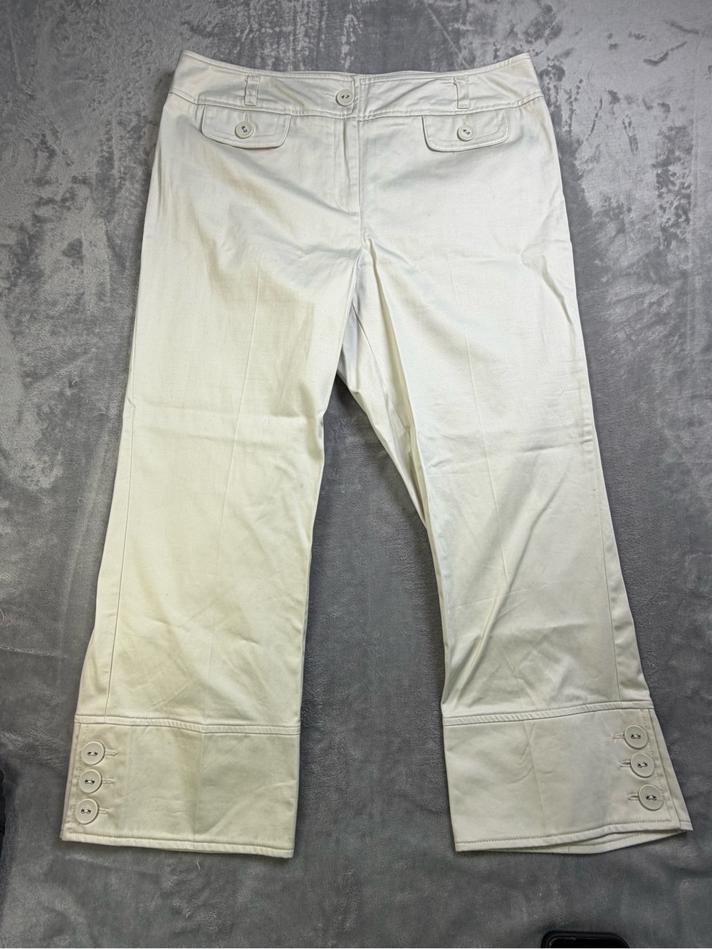 Tribella White Button-Cuff Cropped Pants 98% Cotton Summer 10
